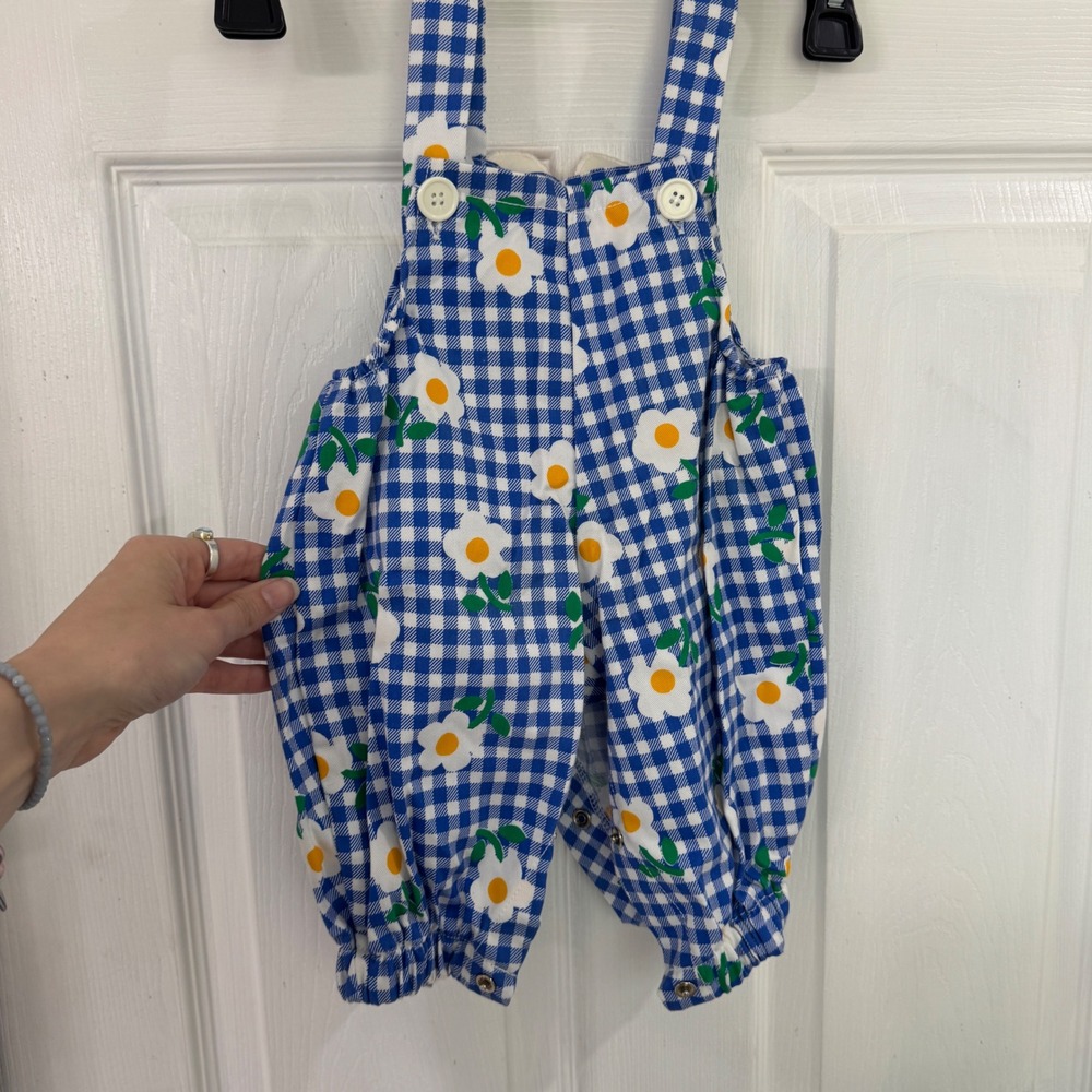 Vintage Baby Blue Gingham Daisy Overalls Sunflower Applique Romper 0-6 Months - Picture 8 of 8
